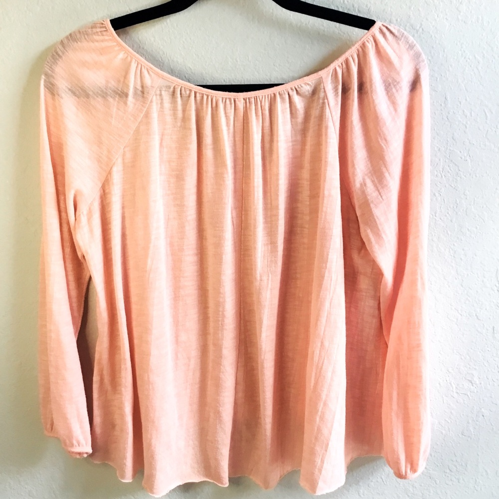SOLD **Peach embroidered peasant blouse tie up front raw edge feminine floaty - Picture 5 of 6